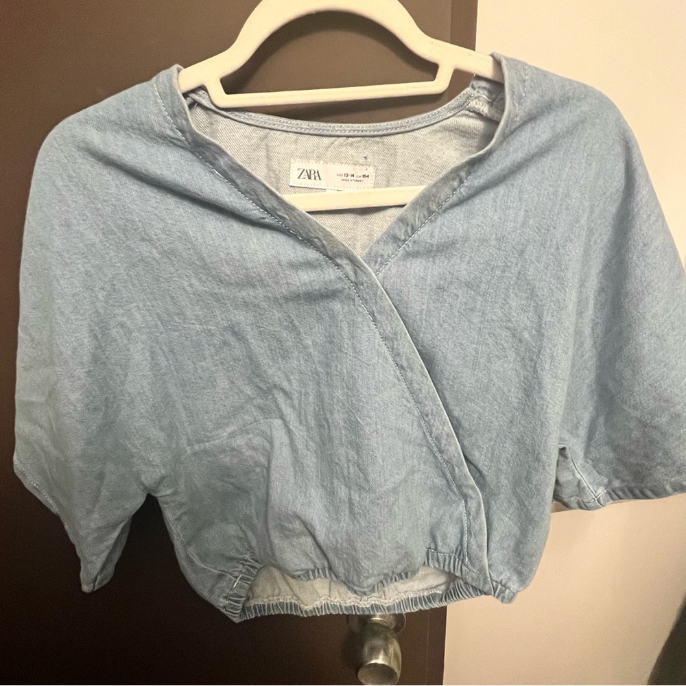 Zara denim baby blur v neck crop top size 13-14